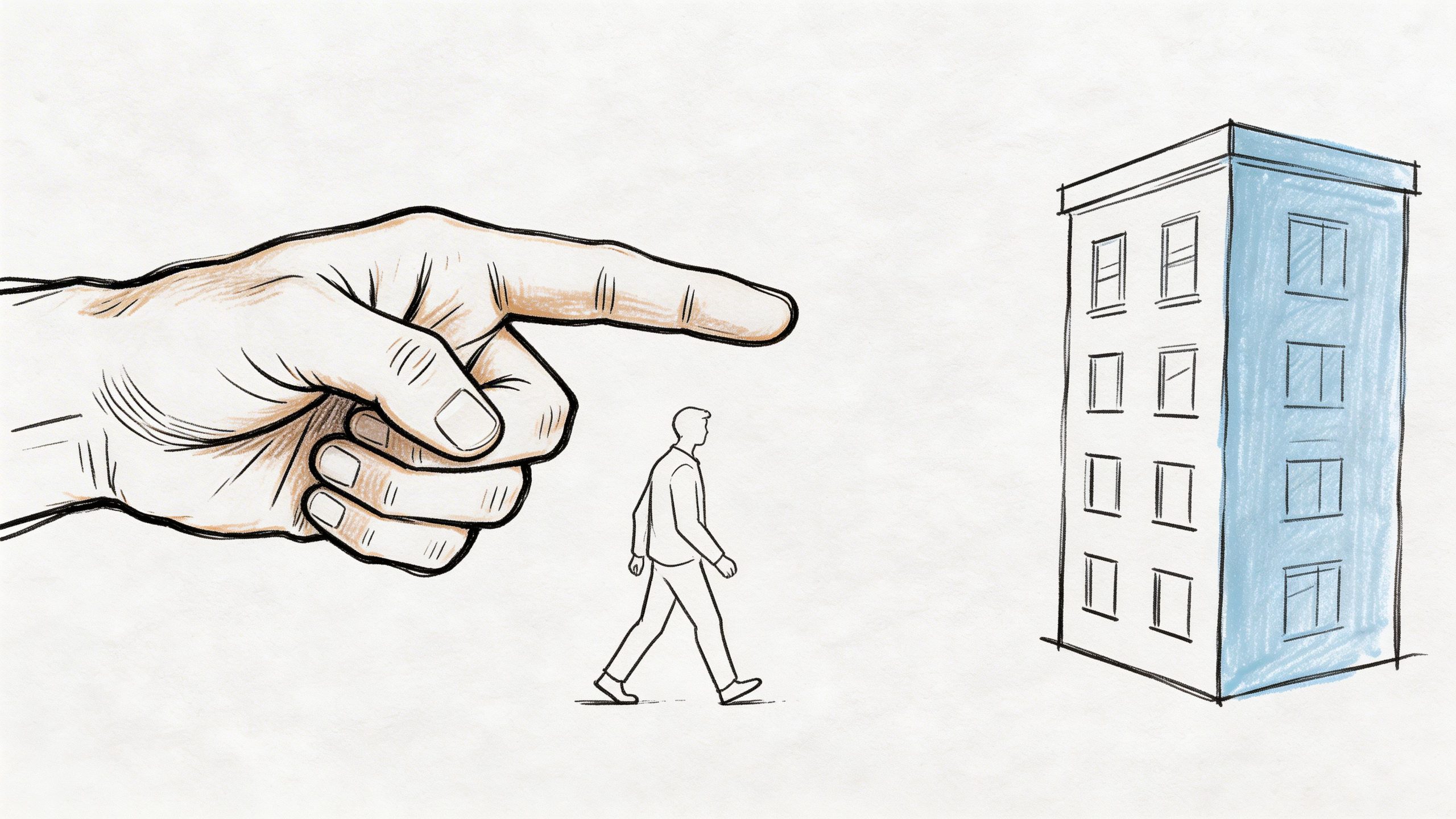 Eine große Hand zeigt auf ein Gebäude, während eine Person davor in Richtung des Hauses geht.