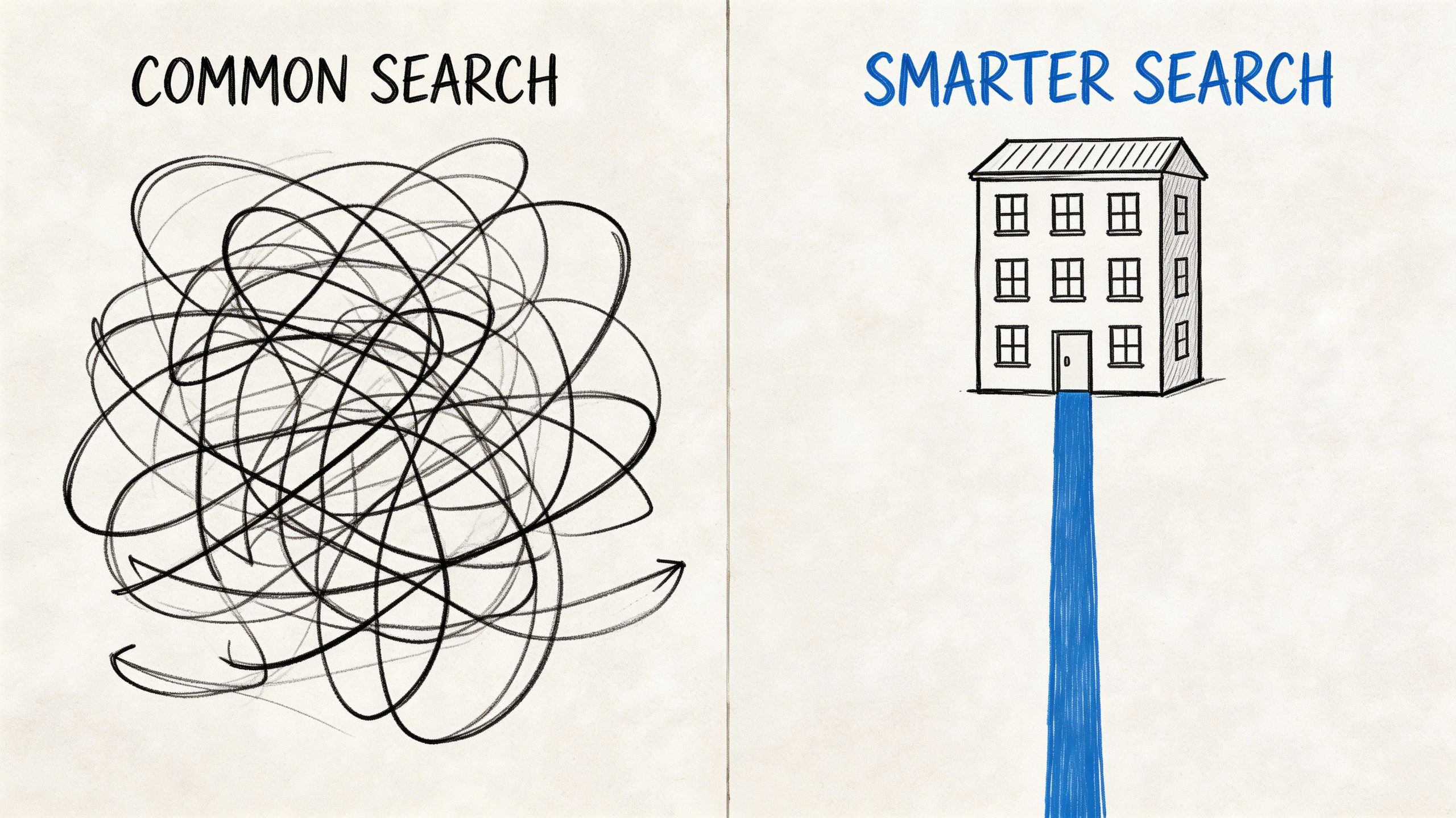 Ein Vergleich zwischen einer chaotischen Suche und einer effizienten, zielgerichteten Wohnungssuche in einem Gebäude.