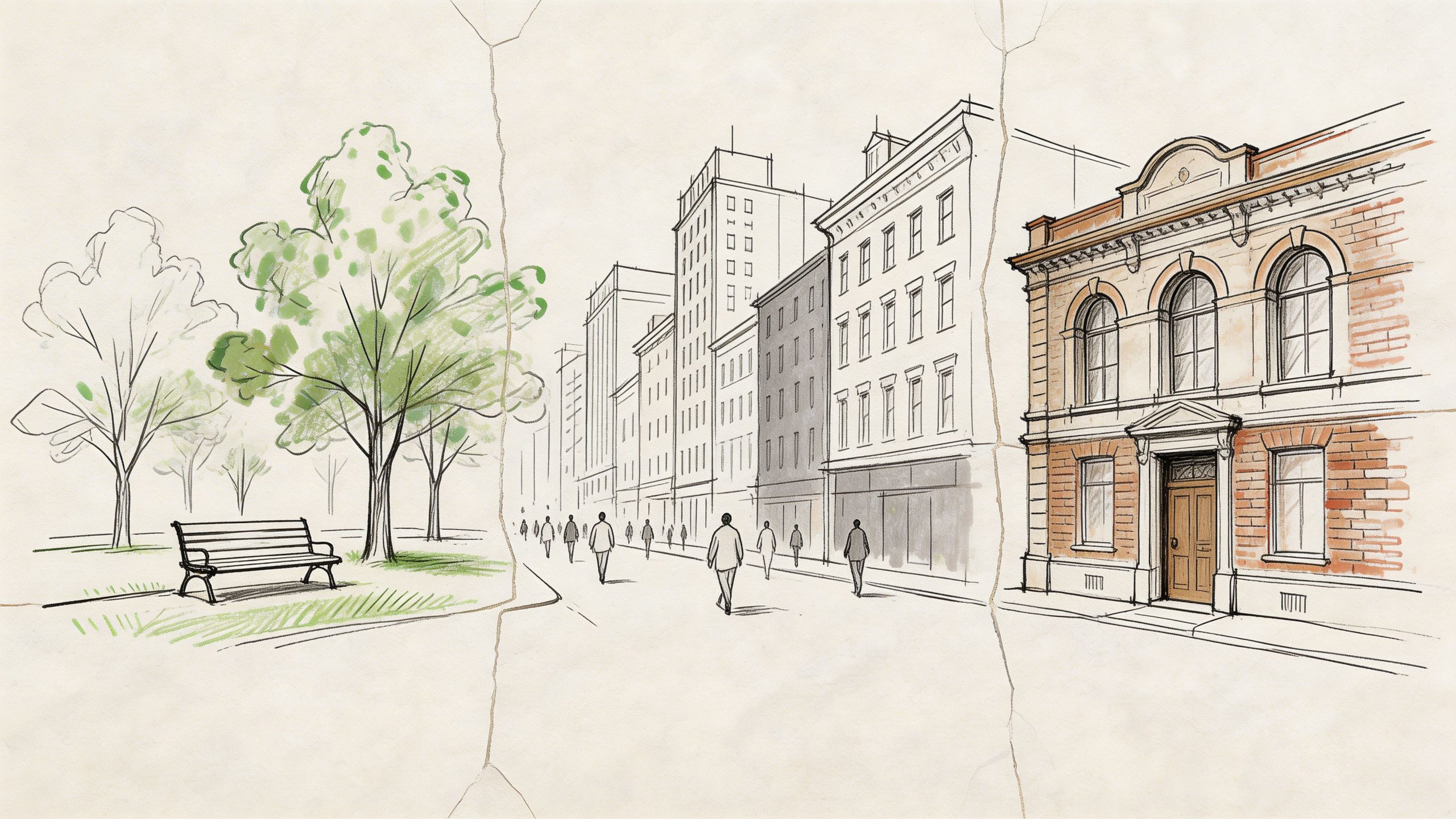 Eine illustrierte Darstellung eines Stadtviertels mit Park, Fußgängern und einem klassischen Backsteingebäude im skizzierten Kunststil.