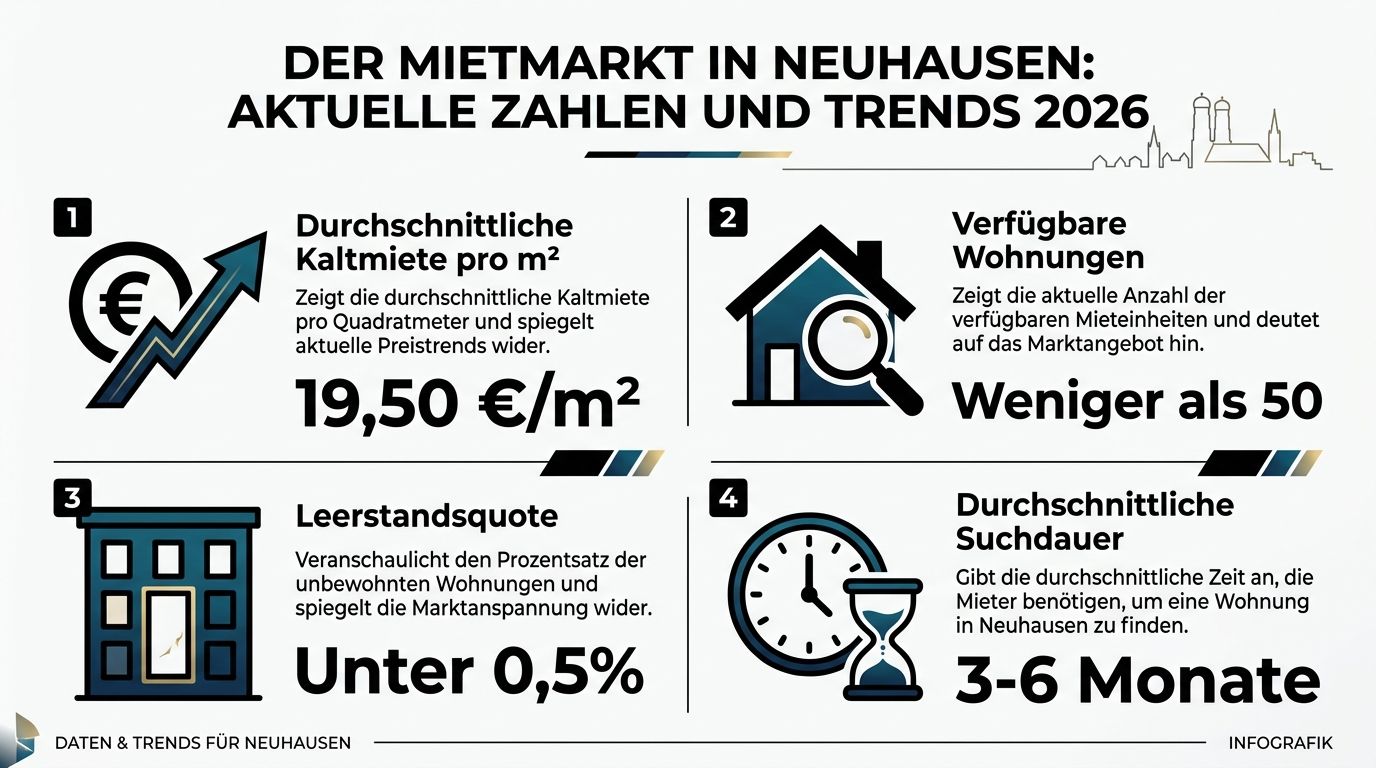 Infografik zum Mietmarkt in Neuhausen 2026 mit Daten zu Kaltmieten, Verfügbarkeit, Leerstandsquote und durchschnittlicher Suchdauer für Wohnungen.