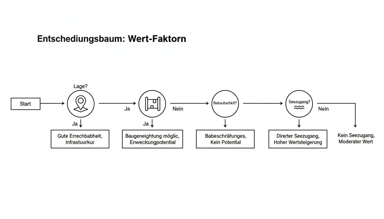 Entscheidungsbaum über Wertfaktoren eines Grundstücks, der Lage, Bebaubarkeit und Seezugang berücksichtigt.