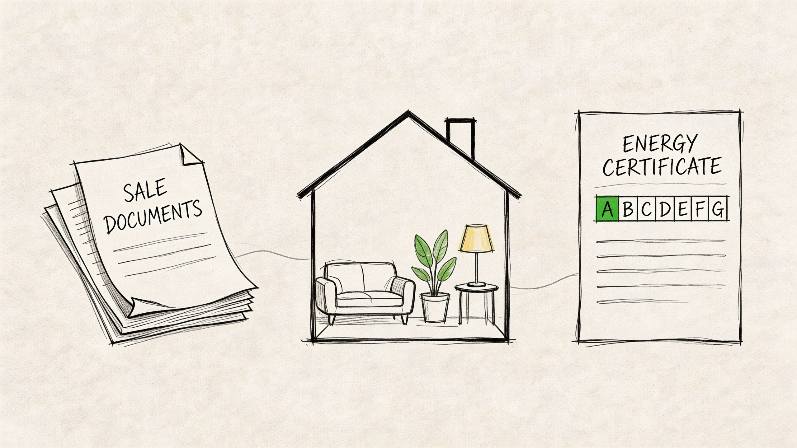 Eine Skizze zeigt Verkaufsdokumente, ein Haus mit Möbeln und ein Energieausweis-Zertifikat mit der Kennzeichnung A für Energieeffizienz.
