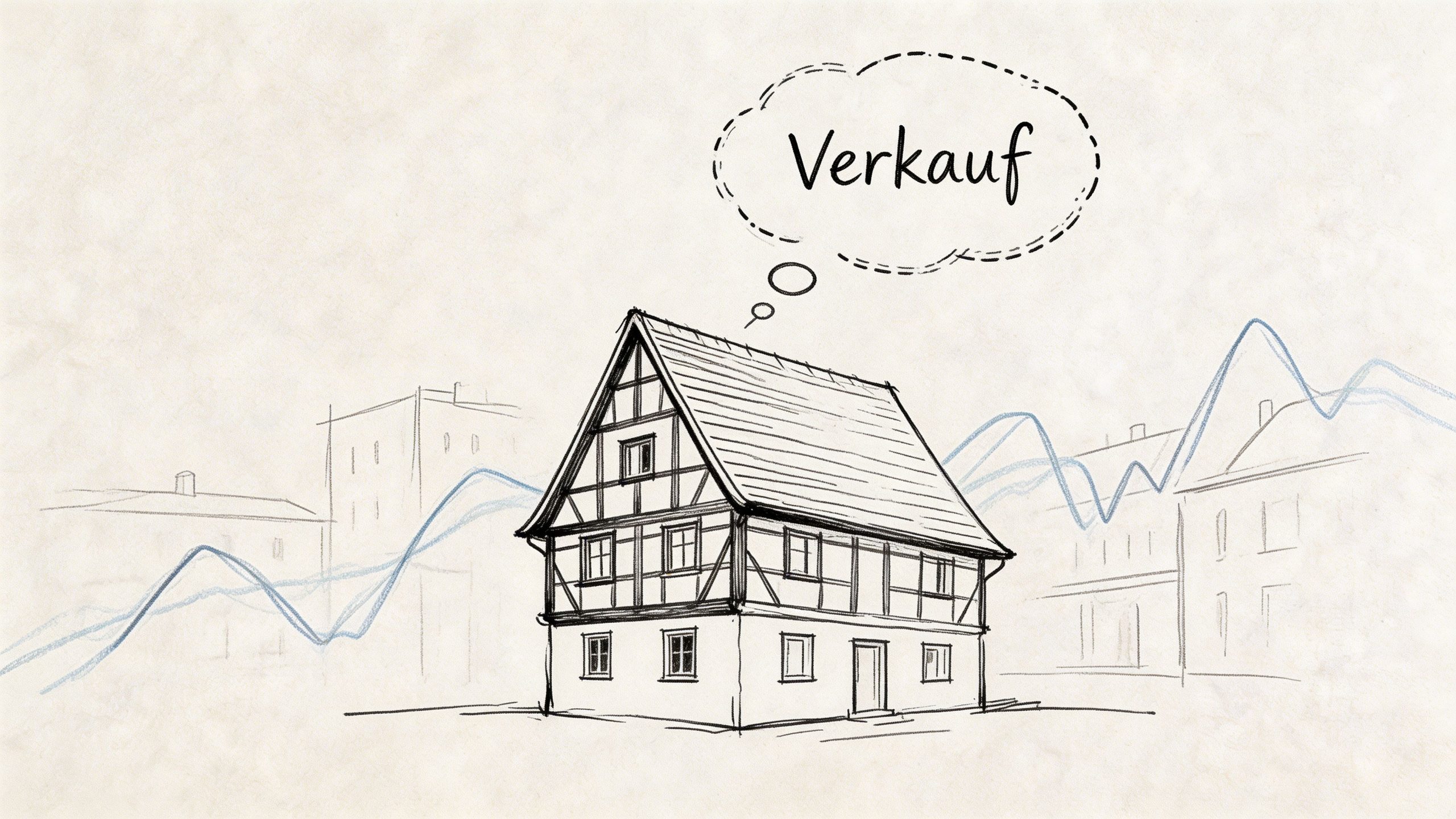 Eine handgezeichnete Skizze eines Fachwerkhause vor einer Stadtkulisse mit einer Sprechblase, die das Wort Verkauf enthält.