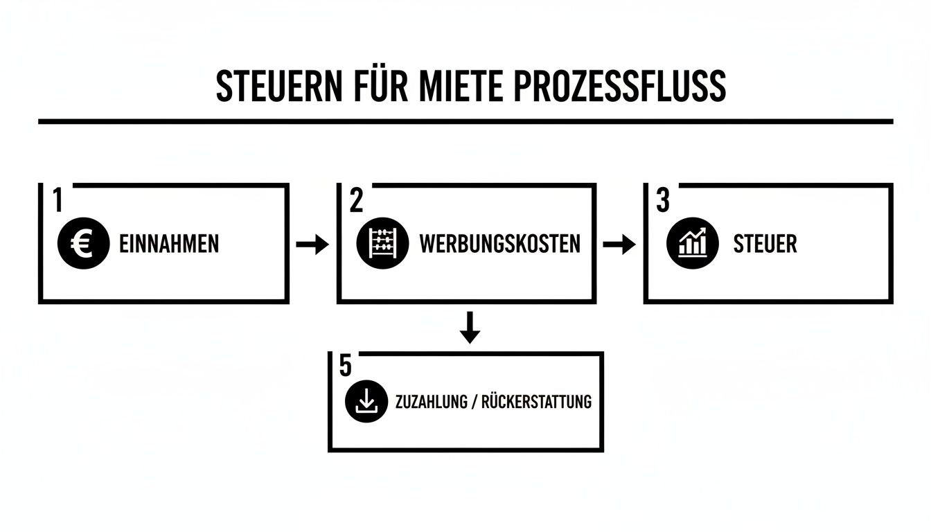Flussdiagramm zur Steuererklärung von Mieteinnahmen, zeigt Schritte von Einnahmen bis zur Steuerzahlung oder Rückerstattung.