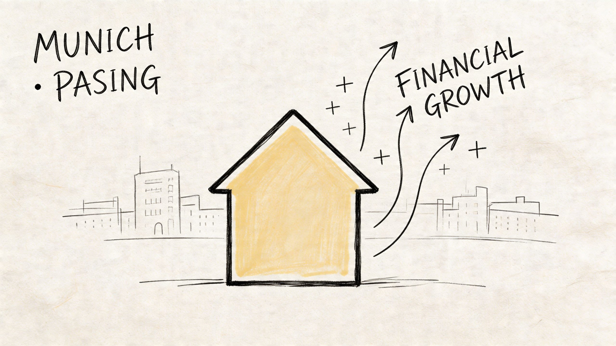 Eine handgezeichnete Skizze eines gelben Hauses in München-Pasing mit Symbolen für finanzielles Wachstum durch Immobilieninvestitionen.
