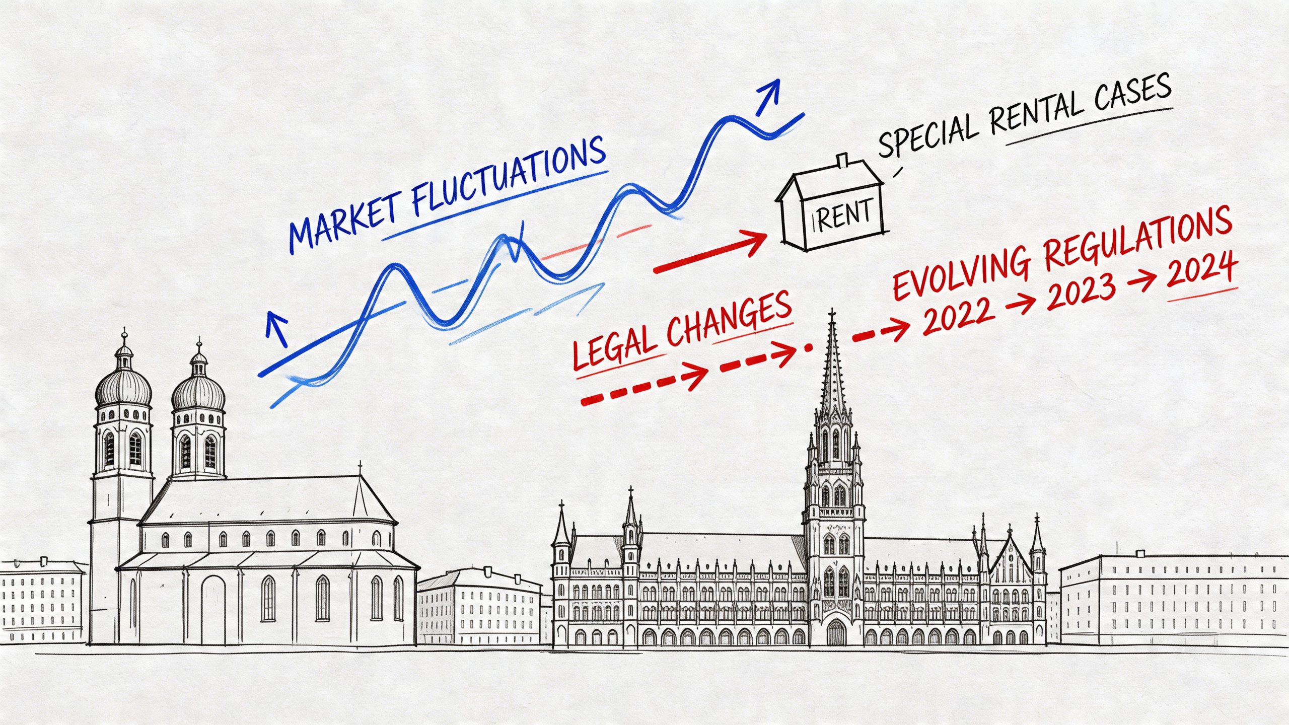 Illustration von Stadtgebäuden mit Marktschwankungen, Miet- und Rechtsänderungen sowie regulatorischen Entwicklungen für die Jahre 2022 bis 2024.