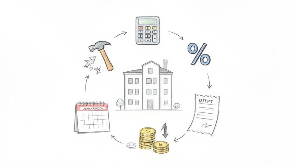 Ein Haus umgeben von Symbolen für Finanzen, Steuern, Abschreibungen und Reparaturen in einem Kreislauf.