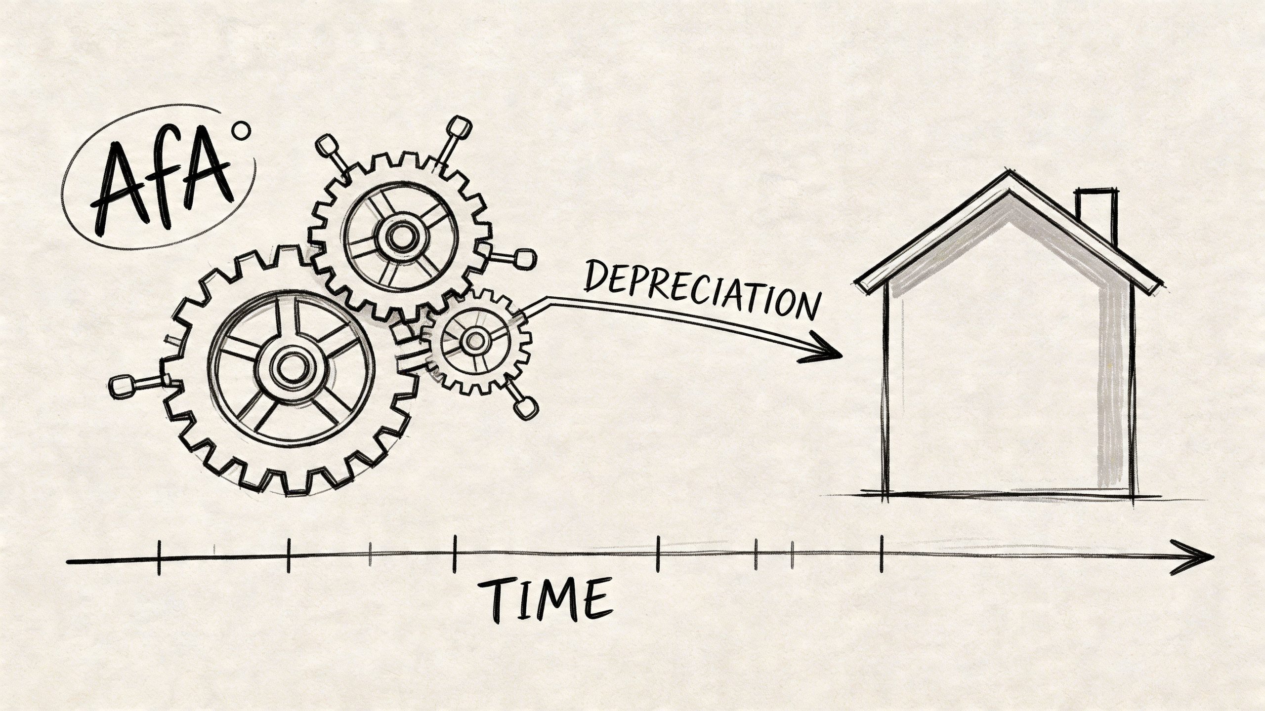Handgezeichnete Grafik illustriert den Zusammenhang zwischen AfA, technischem Verschleiß und der steuerlichen Abschreibung von Immobilien über die Zeit.
