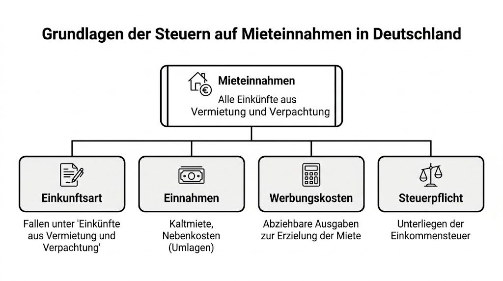 Ein strukturiertes Diagramm über die Grundlagen der Besteuerung von Mieteinnahmen und Verpachtung in Deutschland.