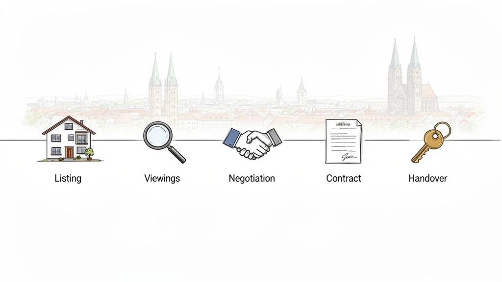 Visualisierung des Hausverkaufsprozesses: Listing, Besichtigungen, Verhandlung, Vertrag und Schlüsselübergabe.
