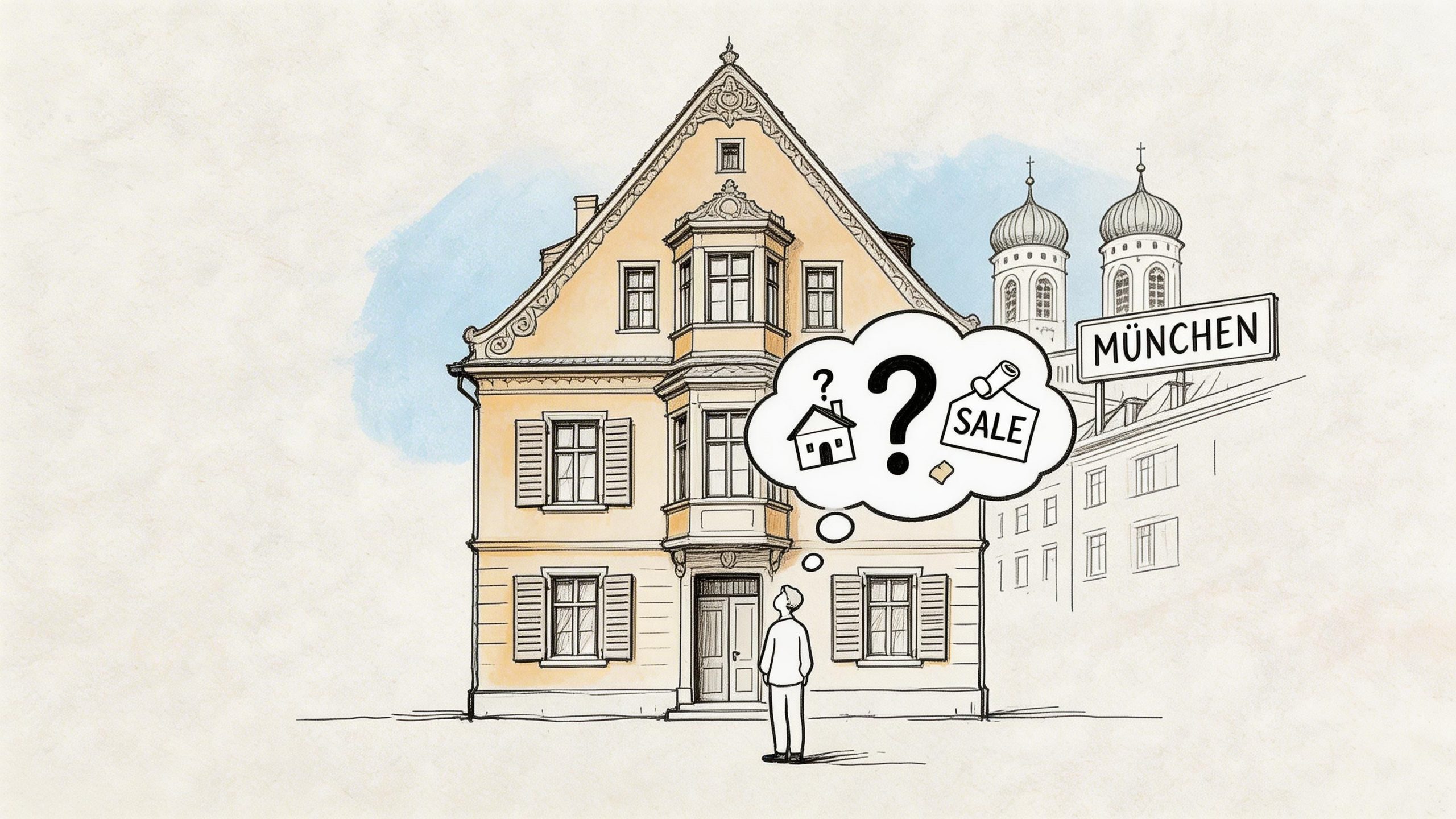 Ein Mann steht vor einem alten Haus in München und denkt über den Verkauf und Wert nach.