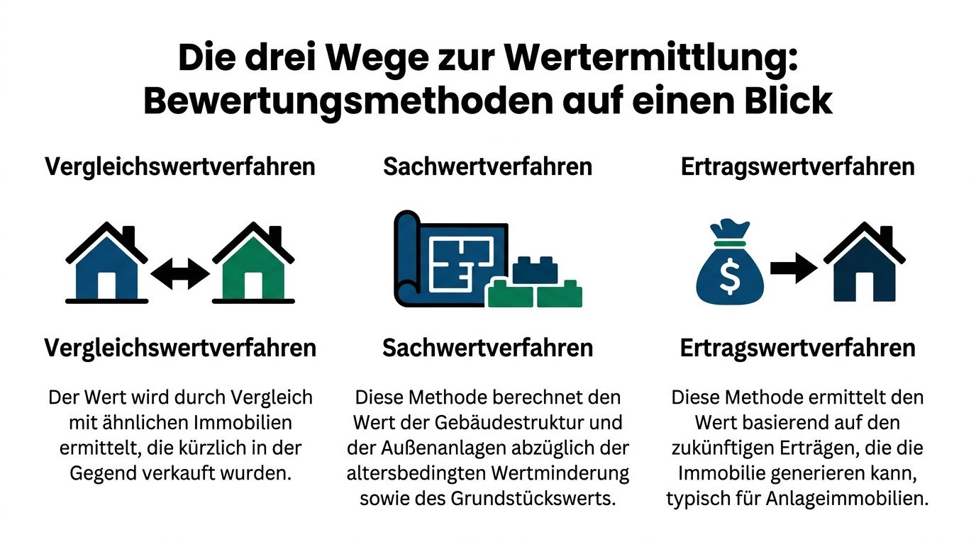 Übersichtsgrafik der drei gängigen Bewertungsverfahren zur Ermittlung des Immobilienwertes, inklusive Erklärungen für Vergleichs-, Sach- und Ertragswertverfahren.