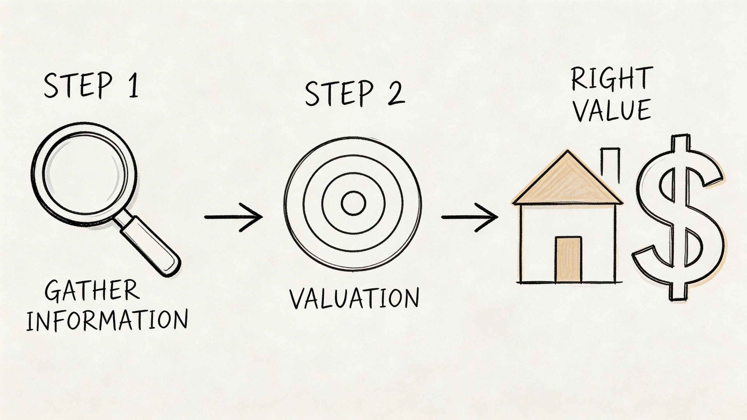 Eine einfache Grafik, die den zweistufigen Prozess der Immobilienbewertung von der Informationsbeschaffung bis zur Wertermittlung darstellt.