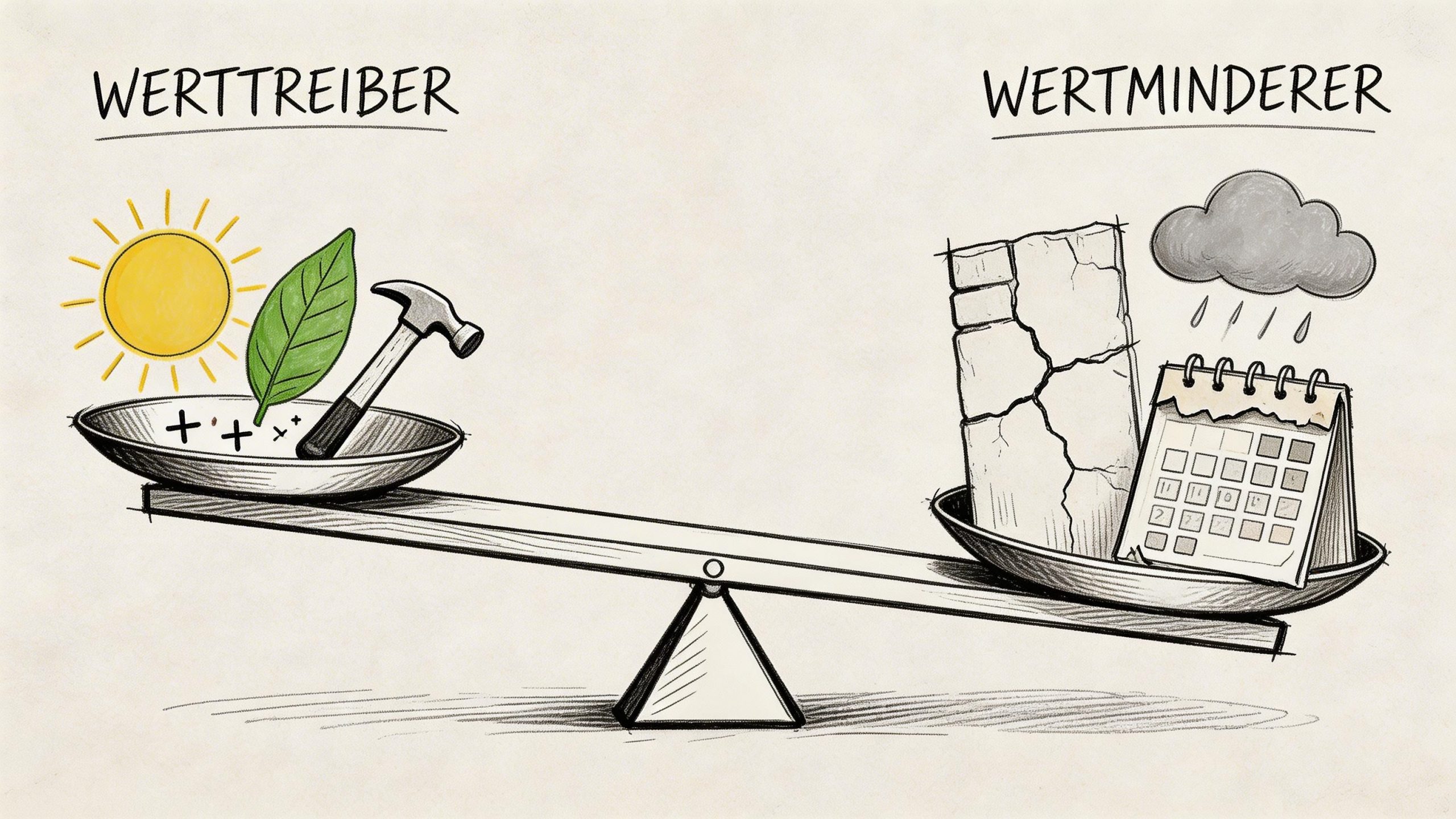 Eine Waage illustriert den Vergleich zwischen Werttreibern und Wertminderern bei Immobilien oder wirtschaftlichen Prozessen.